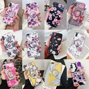 For iPhone 13 12 11 Pro Max XR XS 7 8 Flower Pattern Stand Holder Soft TPU Case